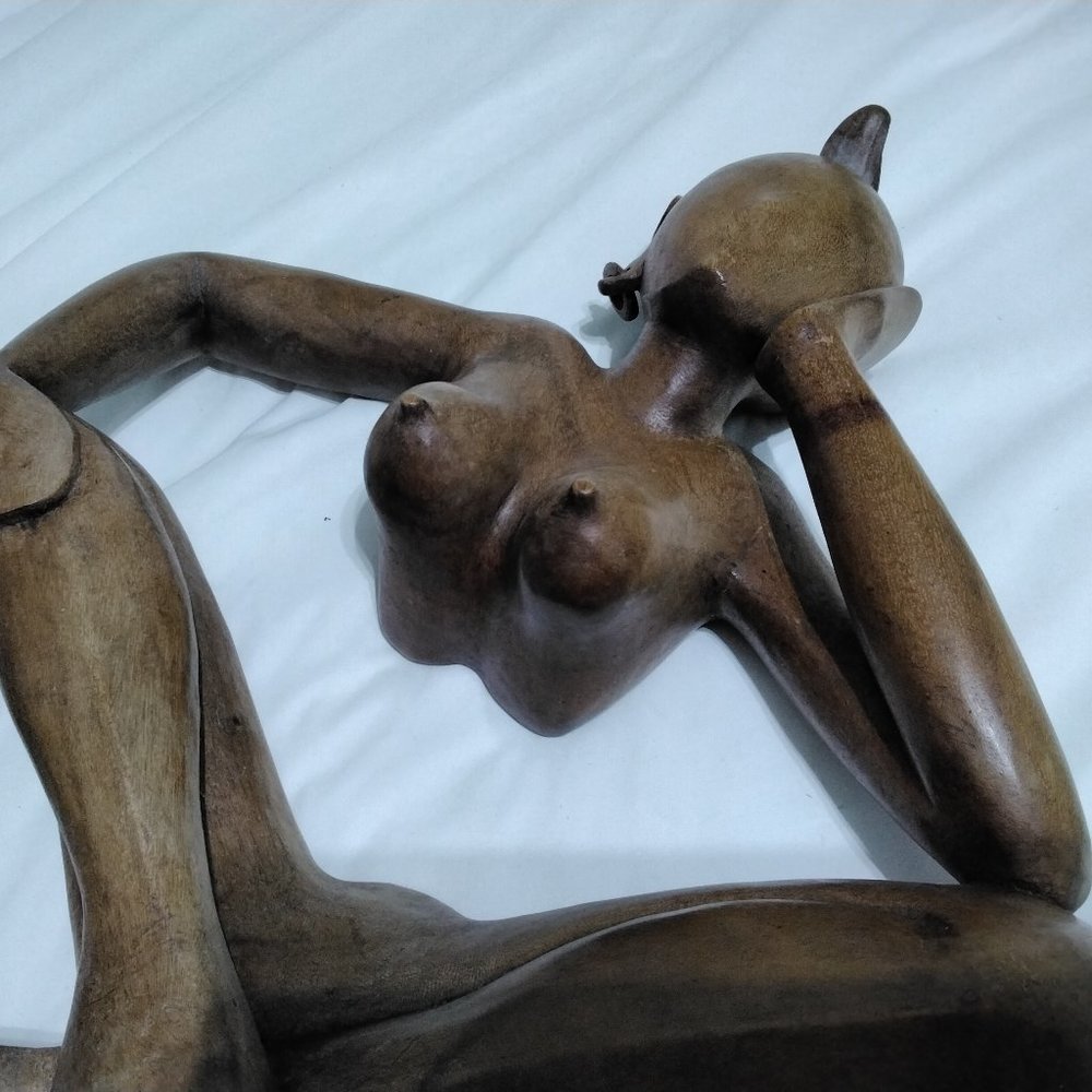 Pair of Man and Women Hard Wood Carved Sculptured Abstract Vintage Mid Century